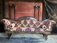 SOLD Original Antique Mahogany Double Ended Sofa Chaise Longue Claret Red & Old Gold Velvet Cut Damask Circa 1800s