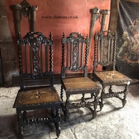 Set of three Antique Period English Gothic Hand Carved Oak Ornate Hall Jacobean Chairs X 3