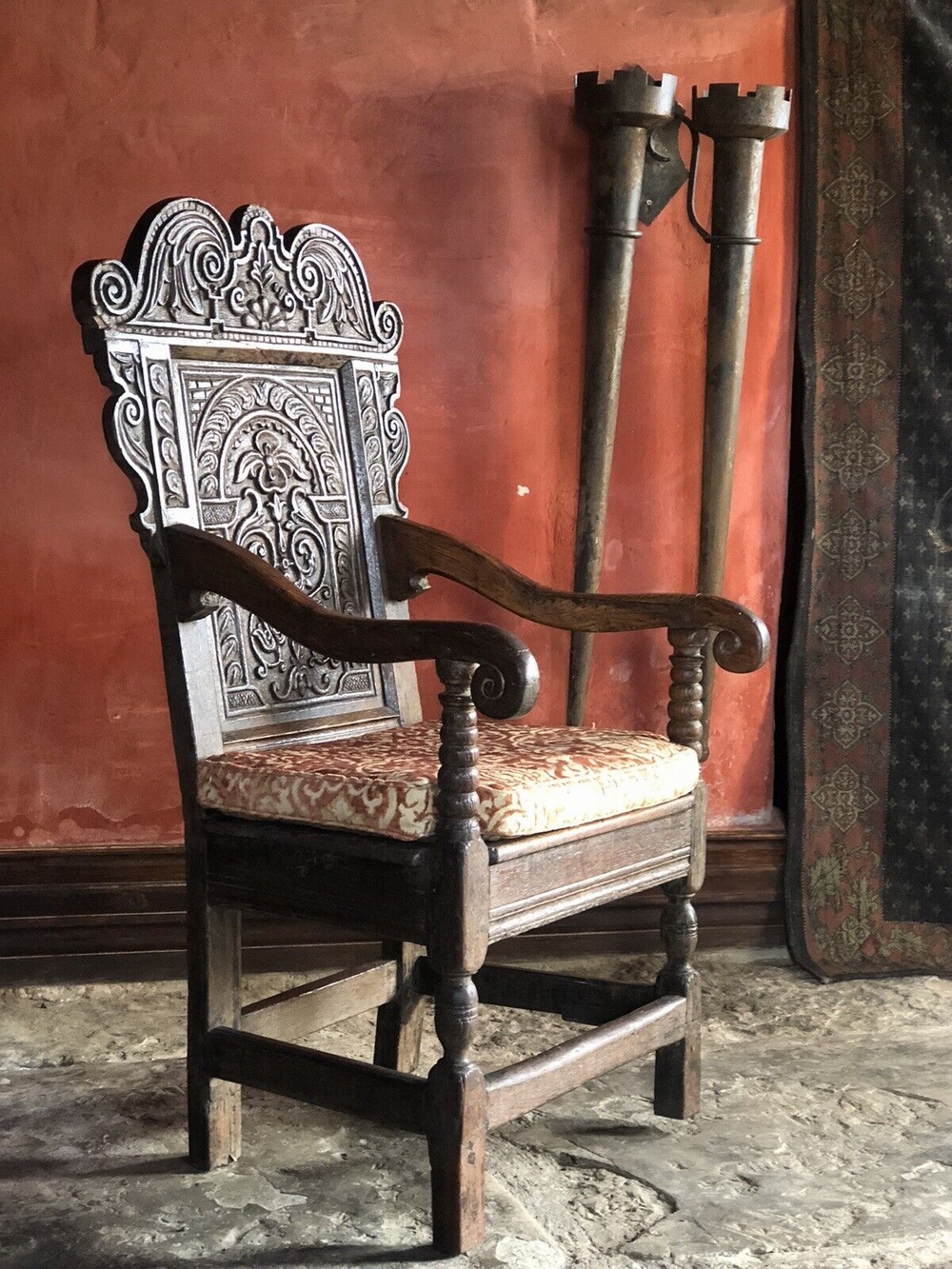 Original Rare English Oak Period Antique Wainscote Beautiful Patina 'Ear Pieces' Elaborate Carvings Armchair Chair - Fine Example Cica 1600s