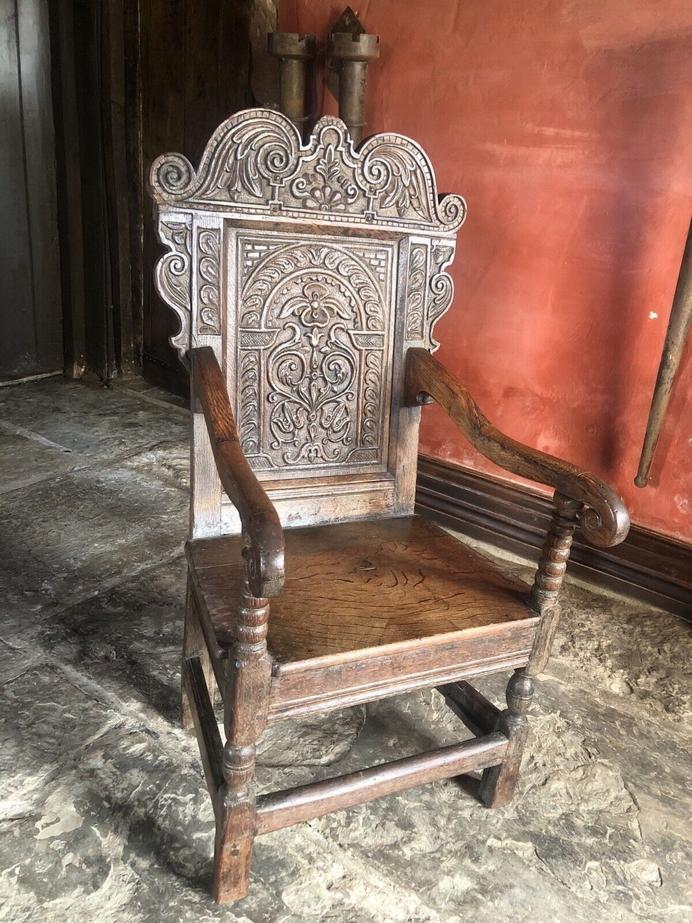 Original Rare English Oak Period Antique Wainscote Beautiful Patina 'Ear Pieces' Elaborate Carvings Armchair Chair - Fine Example Cica 1600s