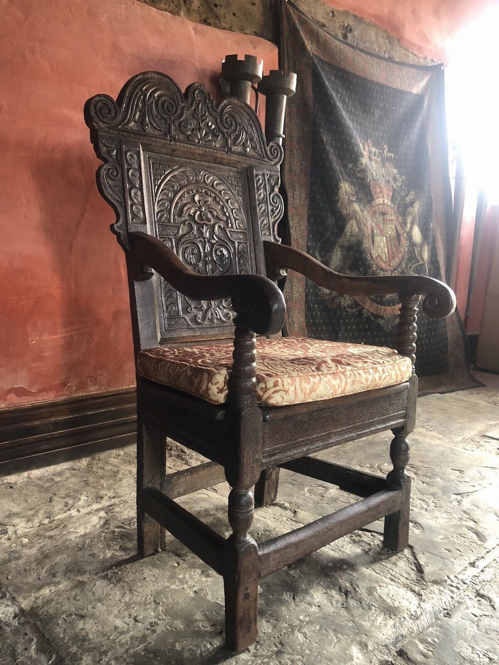Original Rare English Oak Period Antique Wainscote Beautiful Patina 'Ear Pieces' Elaborate Carvings Armchair Chair - Fine Example Cica 1600s