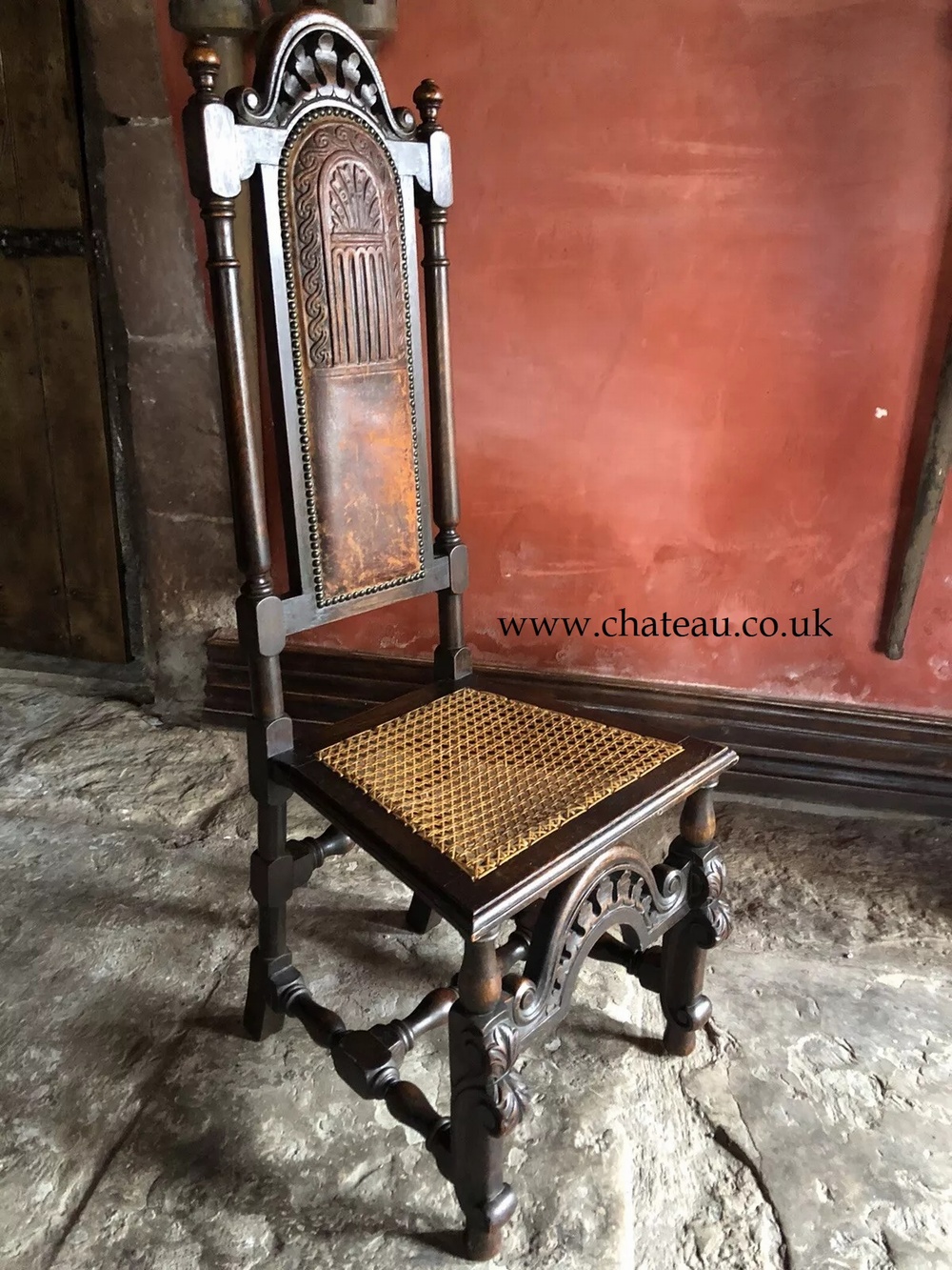 Antique Oak Gothic Jacobean Leather Tooled Cane High Back Hall Throne Chair