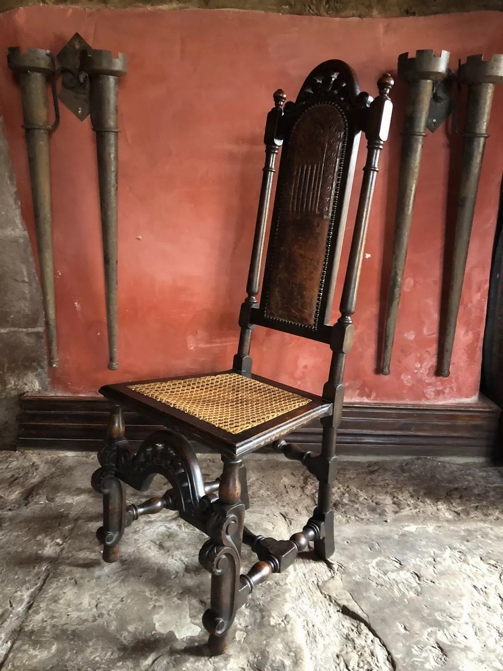Antique Oak Gothic Jacobean Leather Tooled Cane High Back Hall Throne Chair
