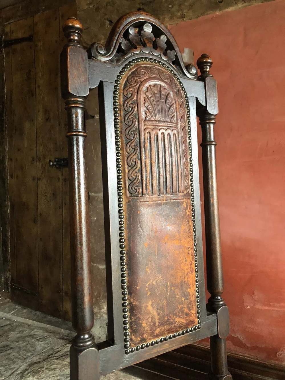 Antique Oak Gothic Jacobean Leather Tooled Cane High Back Hall Throne Chair
