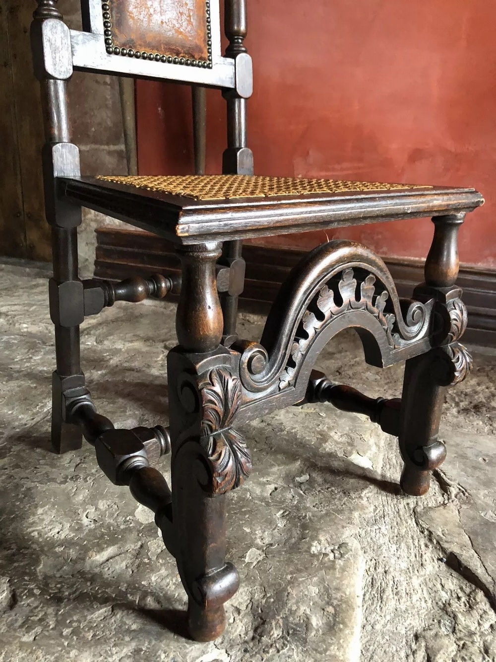 Antique Oak Gothic Jacobean Leather Tooled Cane High Back Hall Throne Chair