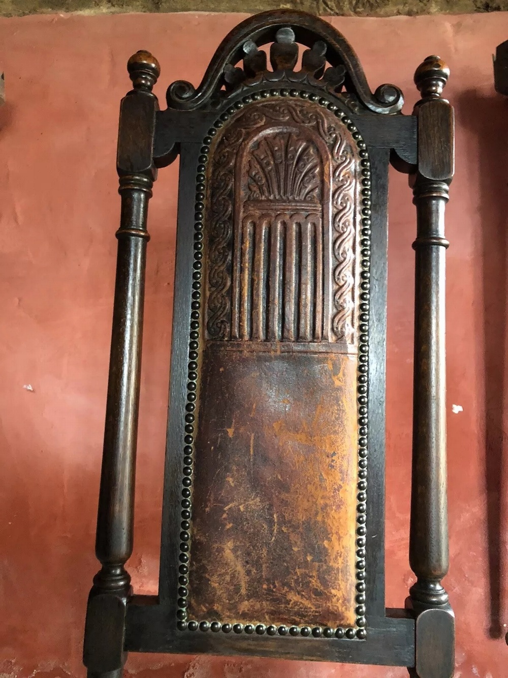 Antique Oak Gothic Jacobean Leather Tooled Cane High Back Hall Throne Chair