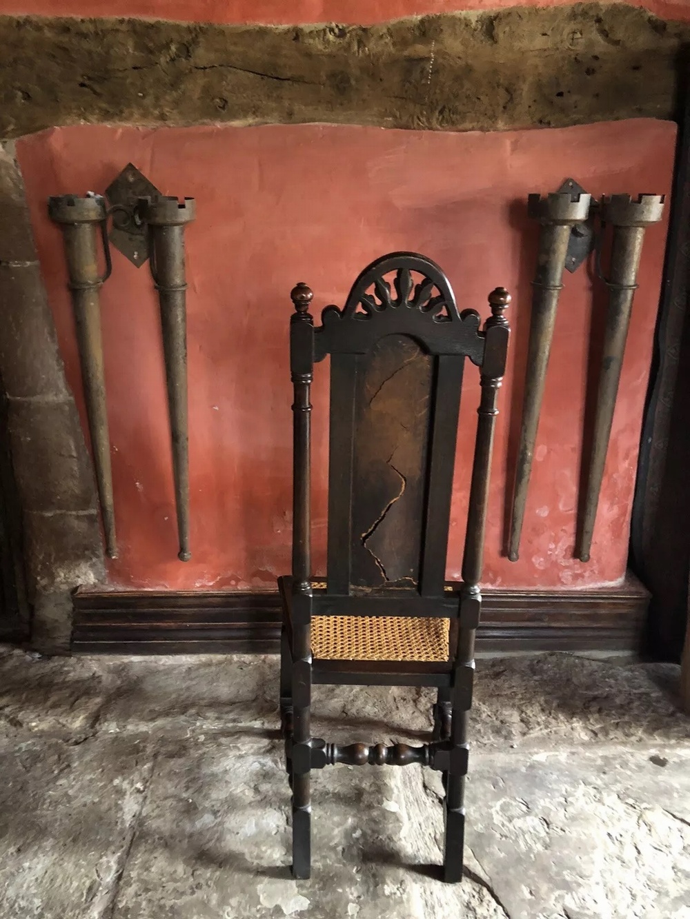 Antique Oak Gothic Jacobean Leather Tooled Cane High Back Hall Throne Chair