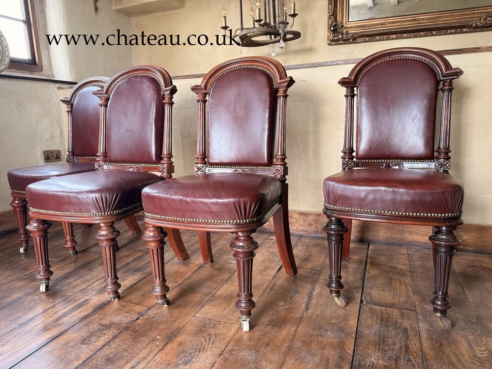 Set 4 Antique Red Aniline Red Leather Dining Chairs Manner - GILLOWS Circa 1860
