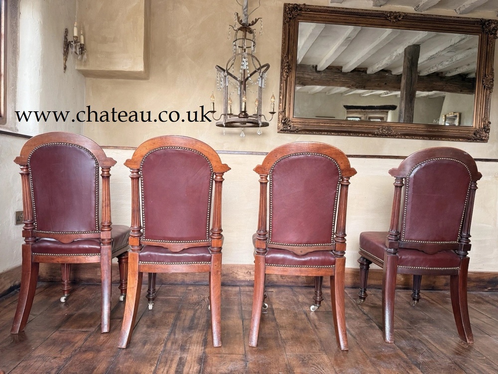 Set 4 Antique Red Aniline Red Leather Dining Chairs Manner - GILLOWS Circa 1860