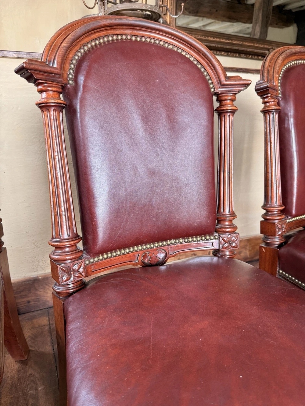 Set 4 Antique Red Aniline Red Leather Dining Chairs Manner - GILLOWS Circa 1860