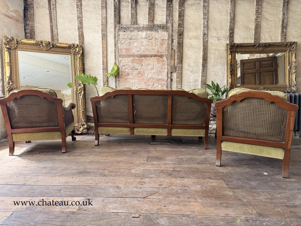 SOLD - Edwardian Antique Vintage Cain Rattan Sofa Bergere Armchairs Lounge Suite C 1900