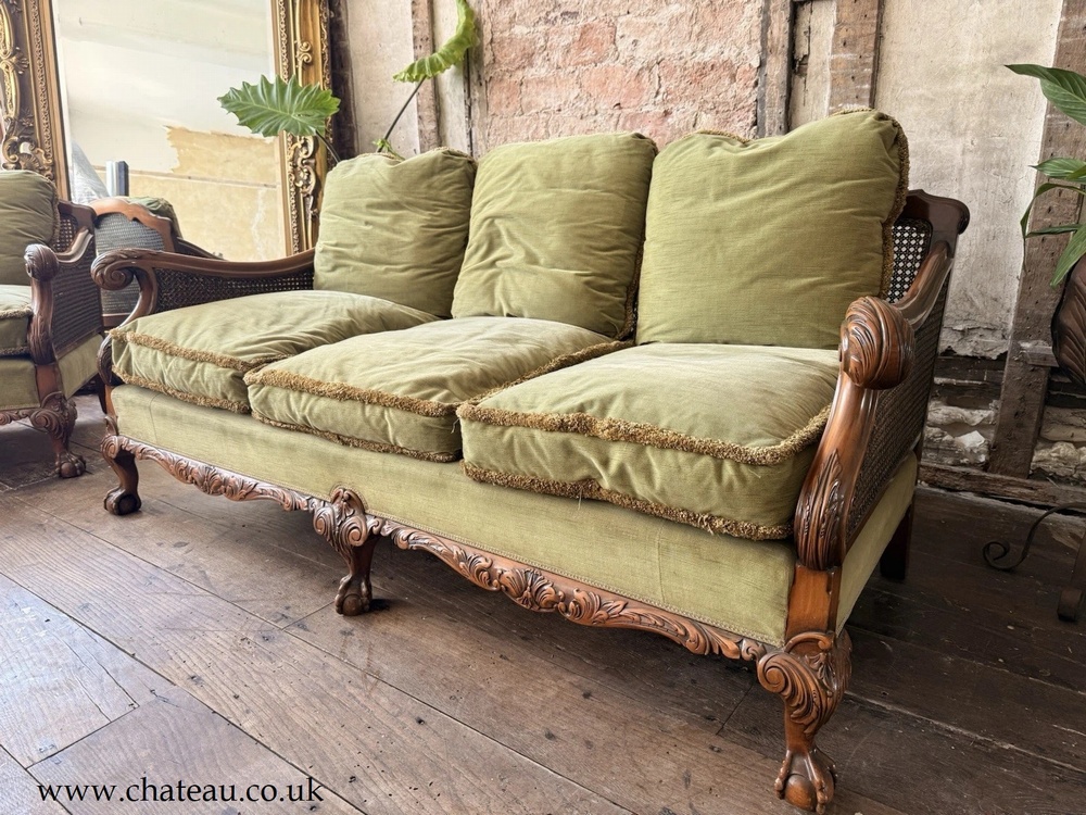 SOLD - Edwardian Antique Vintage Cain Rattan Sofa Bergere Armchairs Lounge Suite C 1900