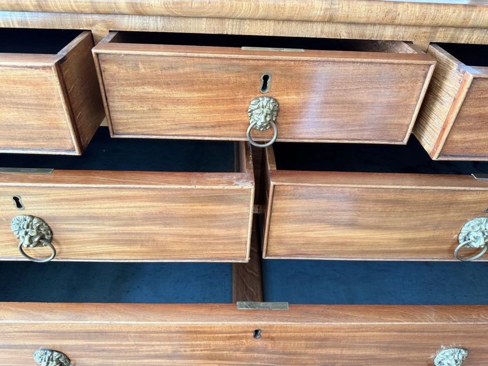 Original Rare Antique Large Crossbanded Lions Heads Chest Of Drawers C 1800's