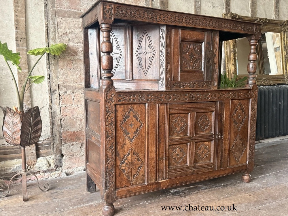 SOLD - Original Antique Carved Hand Scraped Dresser Court Cupboard Buffet Circa 1600's