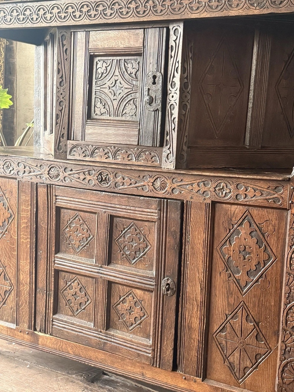 SOLD - Original Antique Carved Hand Scraped Dresser Court Cupboard Buffet Circa 1600's