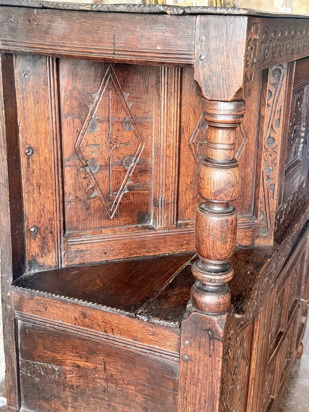 SOLD - Original Antique Carved Hand Scraped Dresser Court Cupboard Buffet Circa 1600's