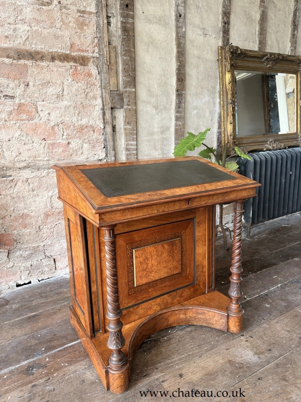 SOLD - are Large Unique Antique Walnut Burr Davenport Writing Leather Desk Circa 1840
