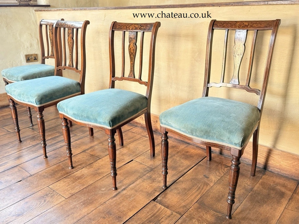 Elegant High Quality Antique Marquetry Blue Inlaid Rosewood Dining Side Chairs