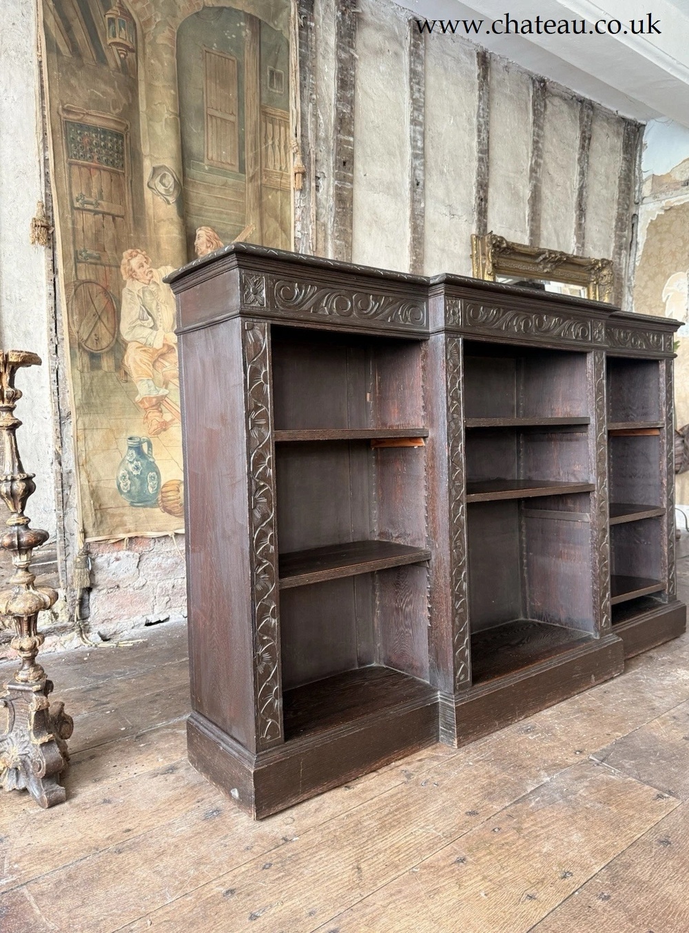 Substantial Large Magnificent Antique Oak Gothic Carved Freestanding Open Adjustable Shelves Bookcase C1880  183 cm width!