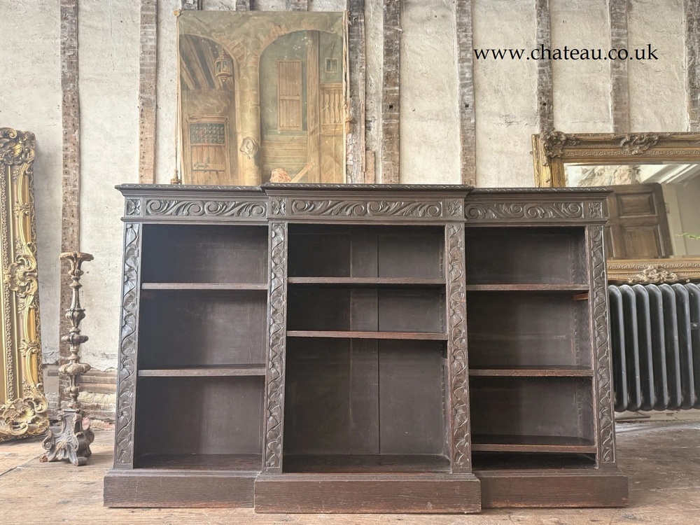 Substantial Large Magnificent Antique Oak Gothic Carved Freestanding Open Adjustable Shelves Bookcase C1880  183 cm width!