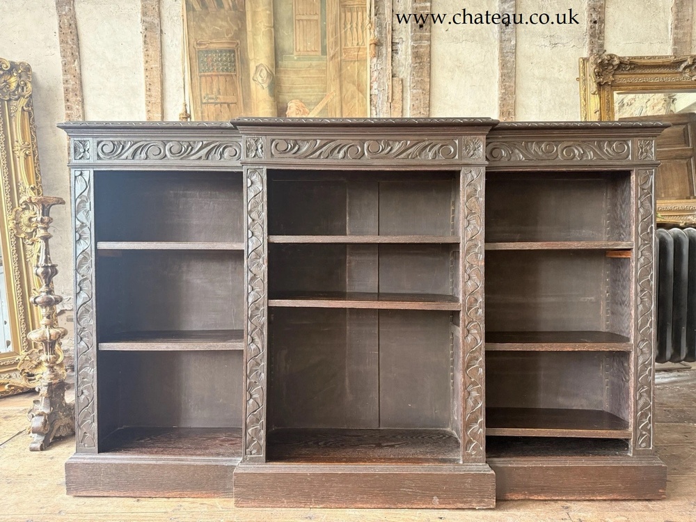 Substantial Large Magnificent Antique Oak Gothic Carved Freestanding Open Adjustable Shelves Bookcase C1880  183 cm width!
