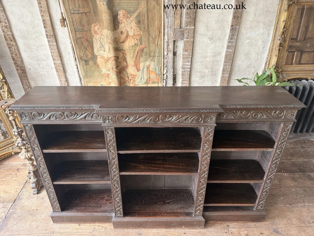 Substantial Large Magnificent Antique Oak Gothic Carved Freestanding Open Adjustable Shelves Bookcase C1880  183 cm width!