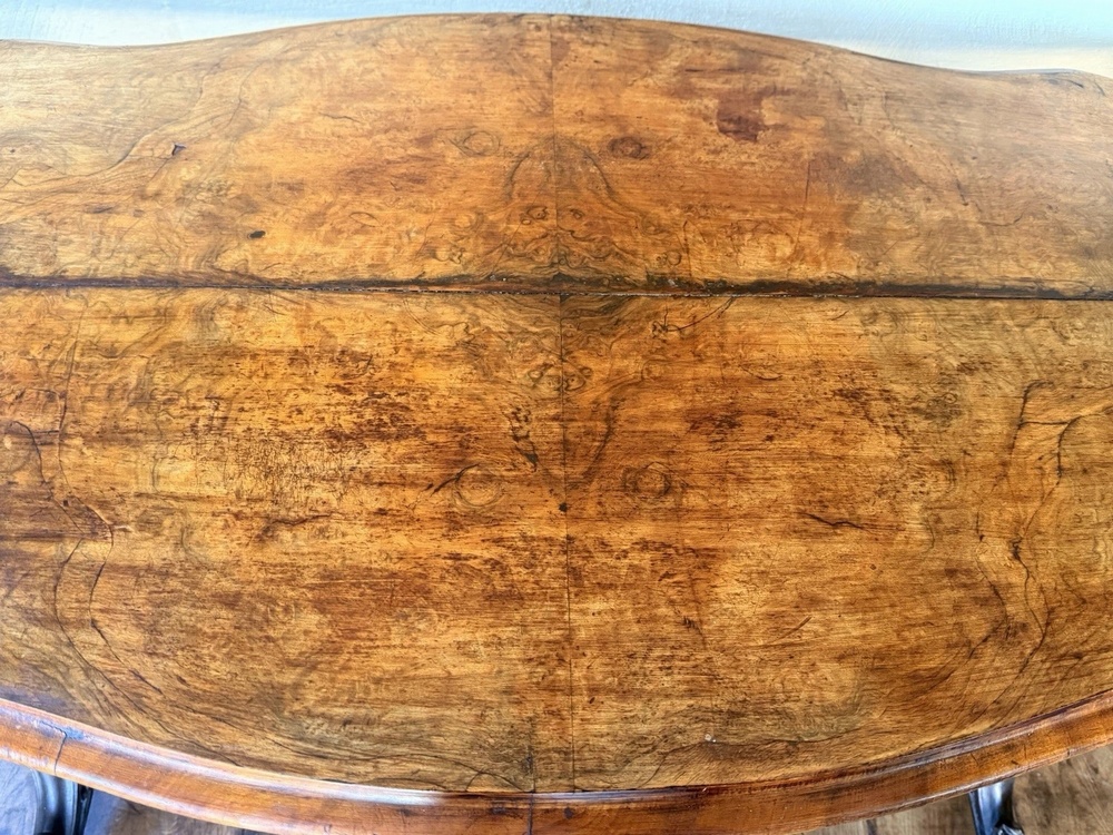 Antique English Carved Walnut Burr Centre Hall Kidney Breakfast Dining Table Circa