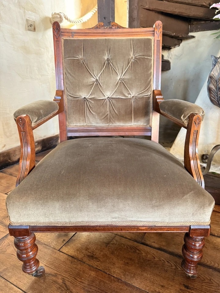 Pair of Antique Sage His & Hers Gentleman's and Lady's Lounge Fireside Chairs