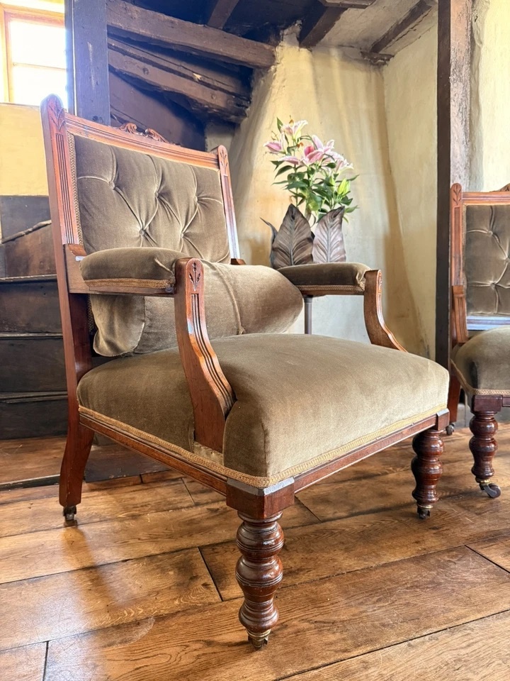 Pair of Antique Sage His & Hers Gentleman's and Lady's Lounge Fireside Chairs