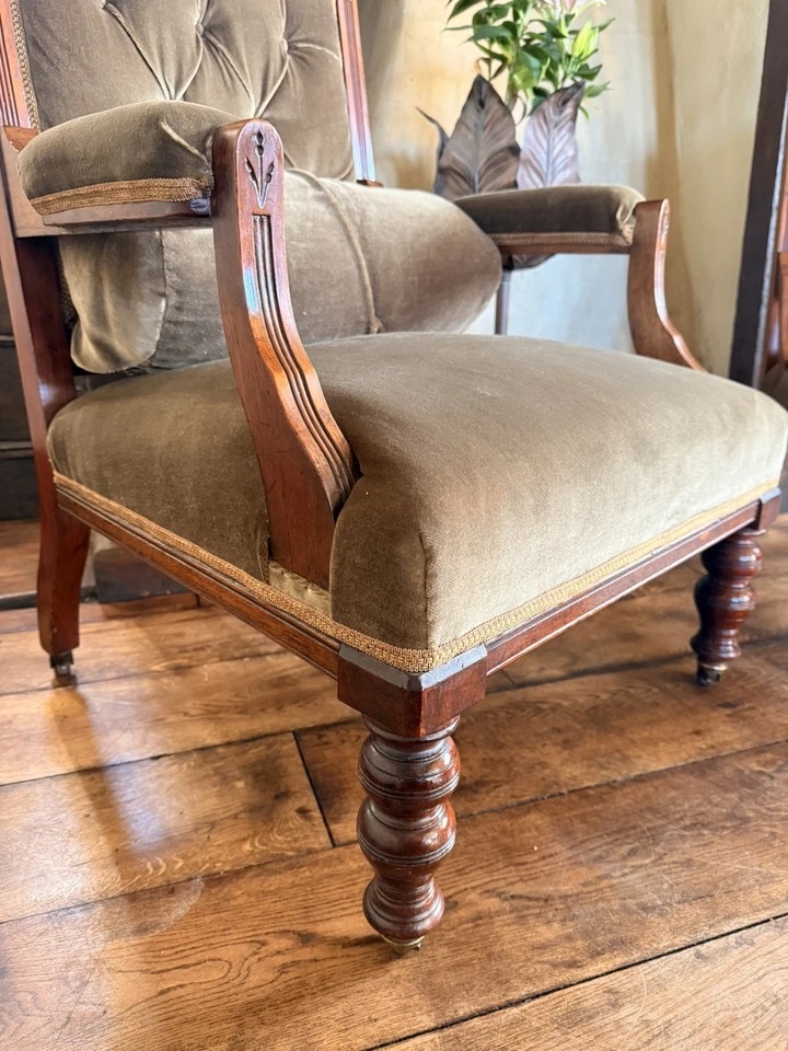 Pair of Antique Sage His & Hers Gentleman's and Lady's Lounge Fireside Chairs