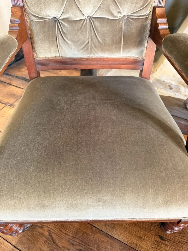 Pair of Antique Sage His & Hers Gentleman's and Lady's Lounge Fireside Chairs