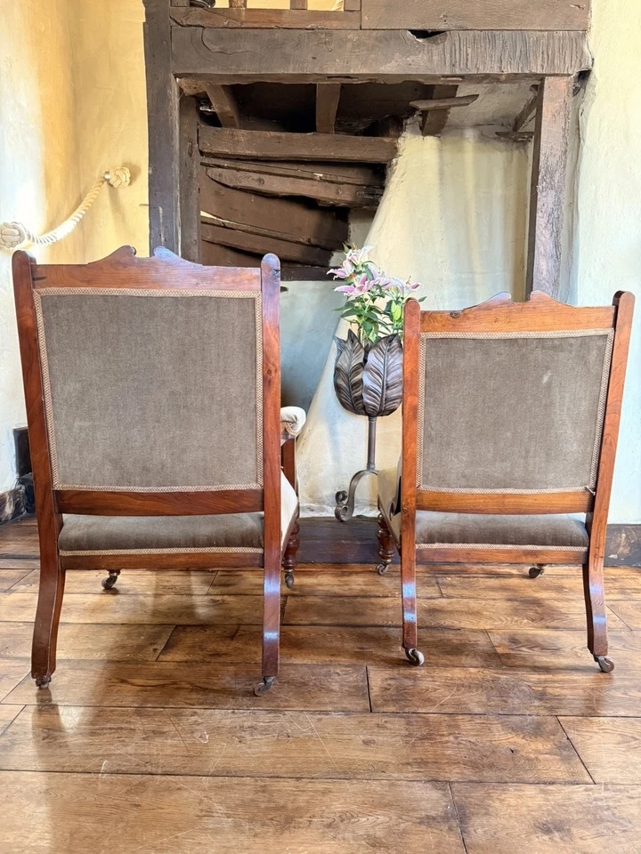 Pair of Antique Sage His & Hers Gentleman's and Lady's Lounge Fireside Chairs