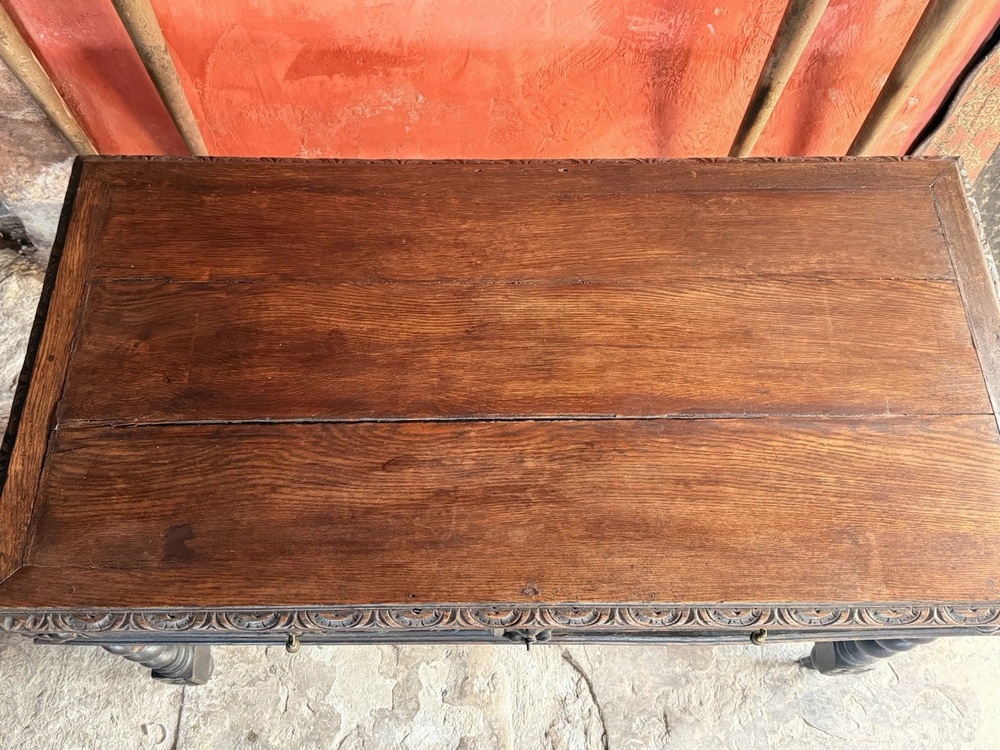 SOLD - English Antique Oak Carved Barley Twist Jacobean Rustic Desk Console Library Table C 1800's