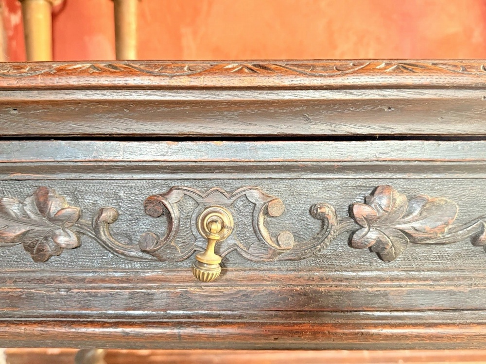 SOLD - English Antique Oak Carved Barley Twist Jacobean Rustic Desk Console Library Table C 1800's