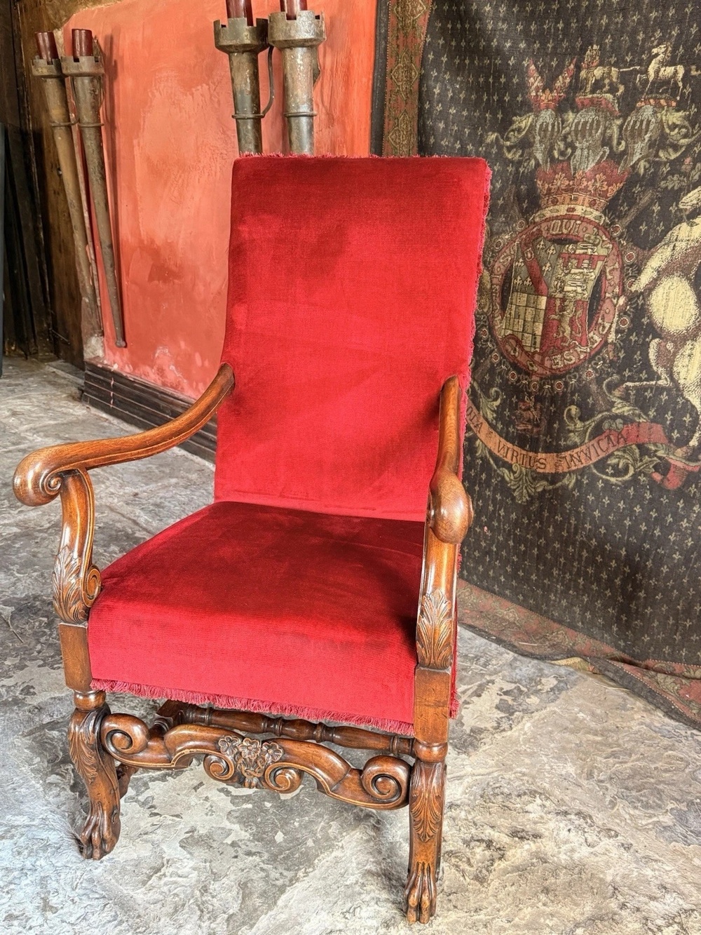 Substancial Heavy Carved Oak Red Antique Throne Arm Chair Stamped Circa 1919