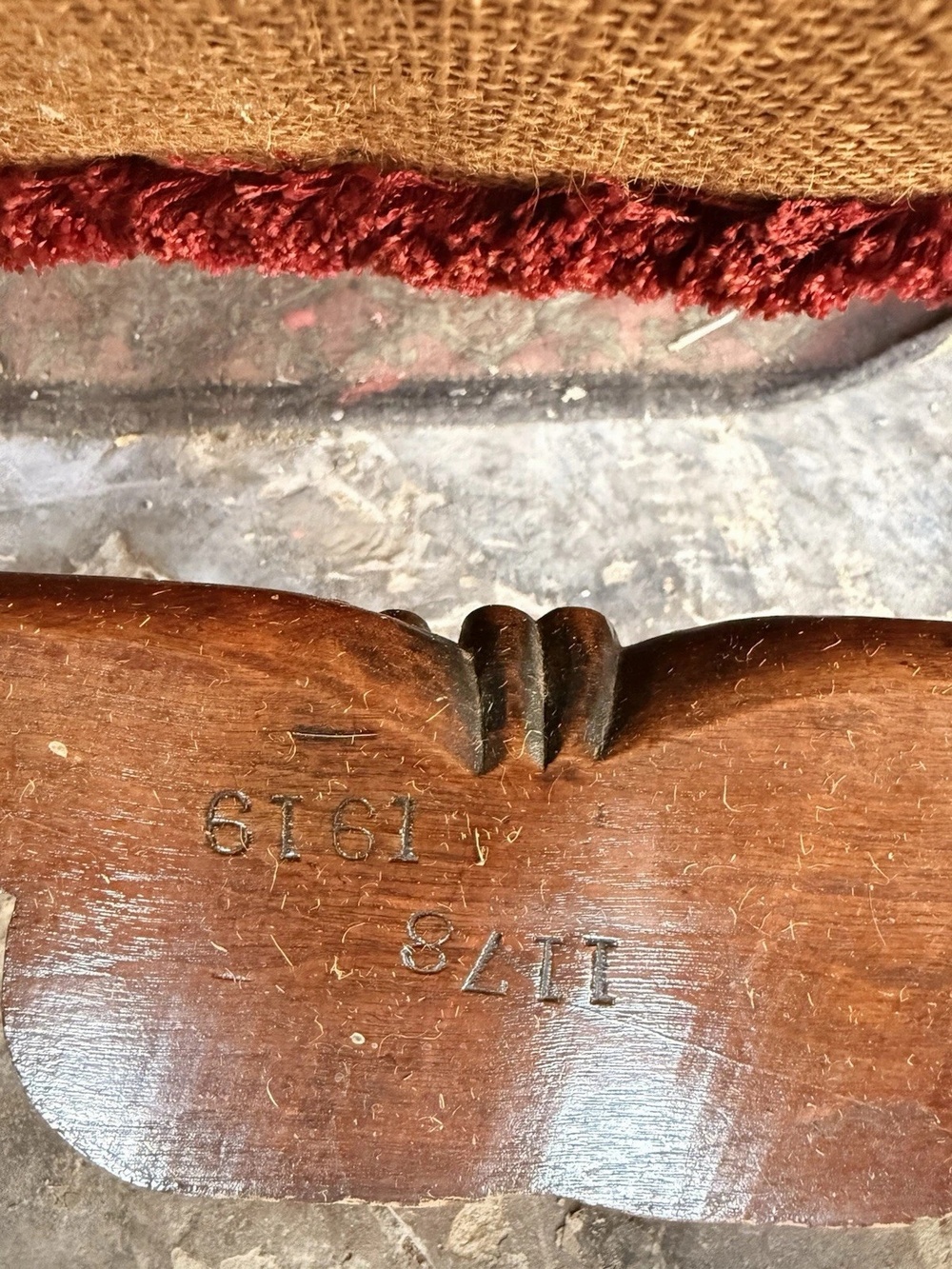 Substancial Heavy Carved Oak Red Antique Throne Arm Chair Stamped Circa 1919