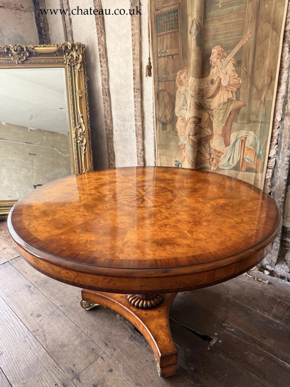 SOLD - Fine Quality Theodore Alexander Inlaid Burr Gilt Circular Kitchen Dining Table