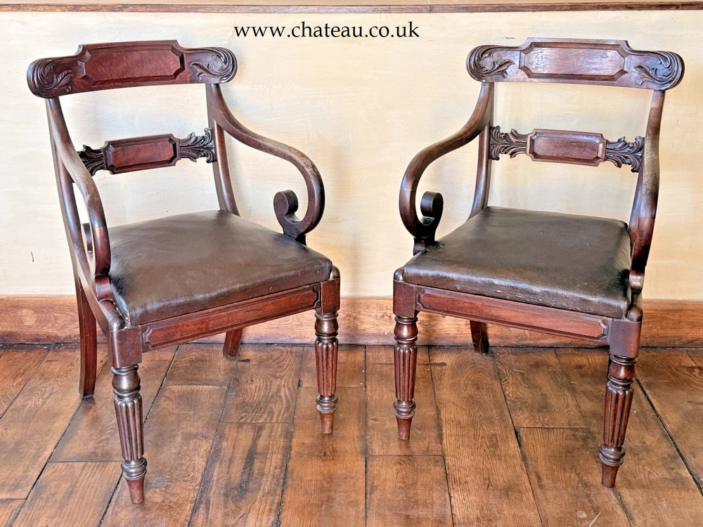 SOLD - Pair Quality Antique Mahogany Brown Leather Regency Elbow Carver Chairs C1800