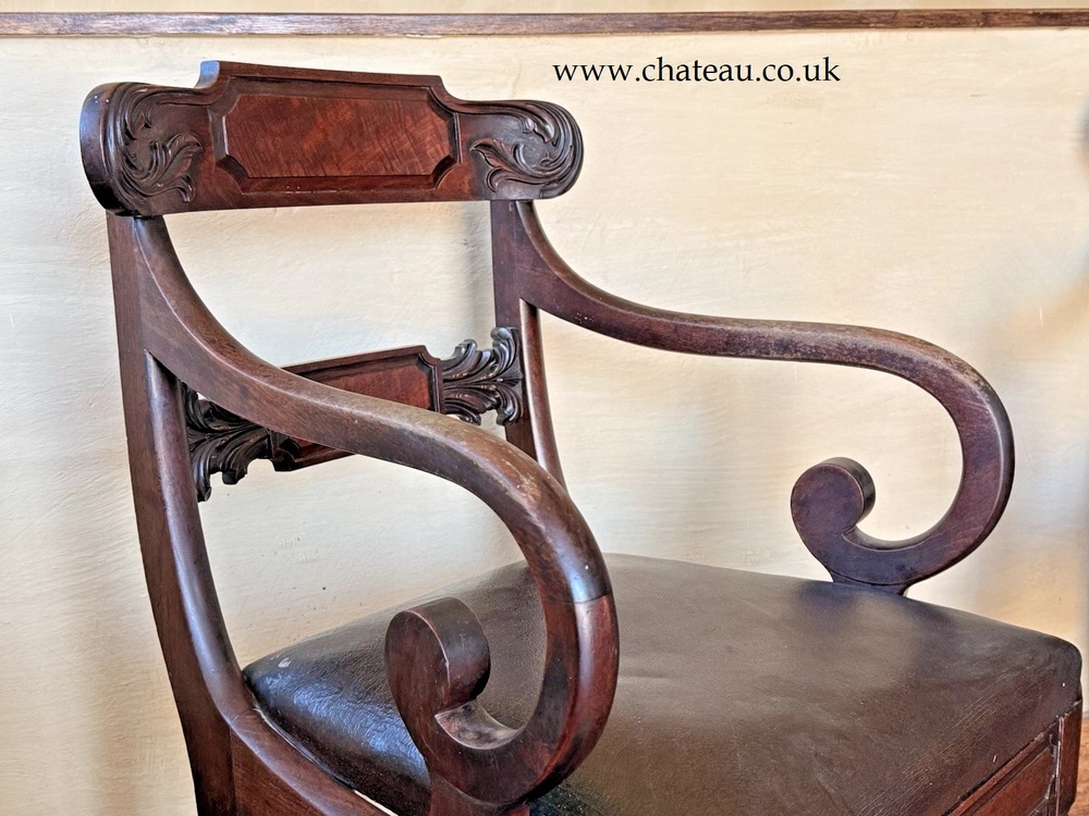 SOLD - Pair Quality Antique Mahogany Brown Leather Regency Elbow Carver Chairs C1800