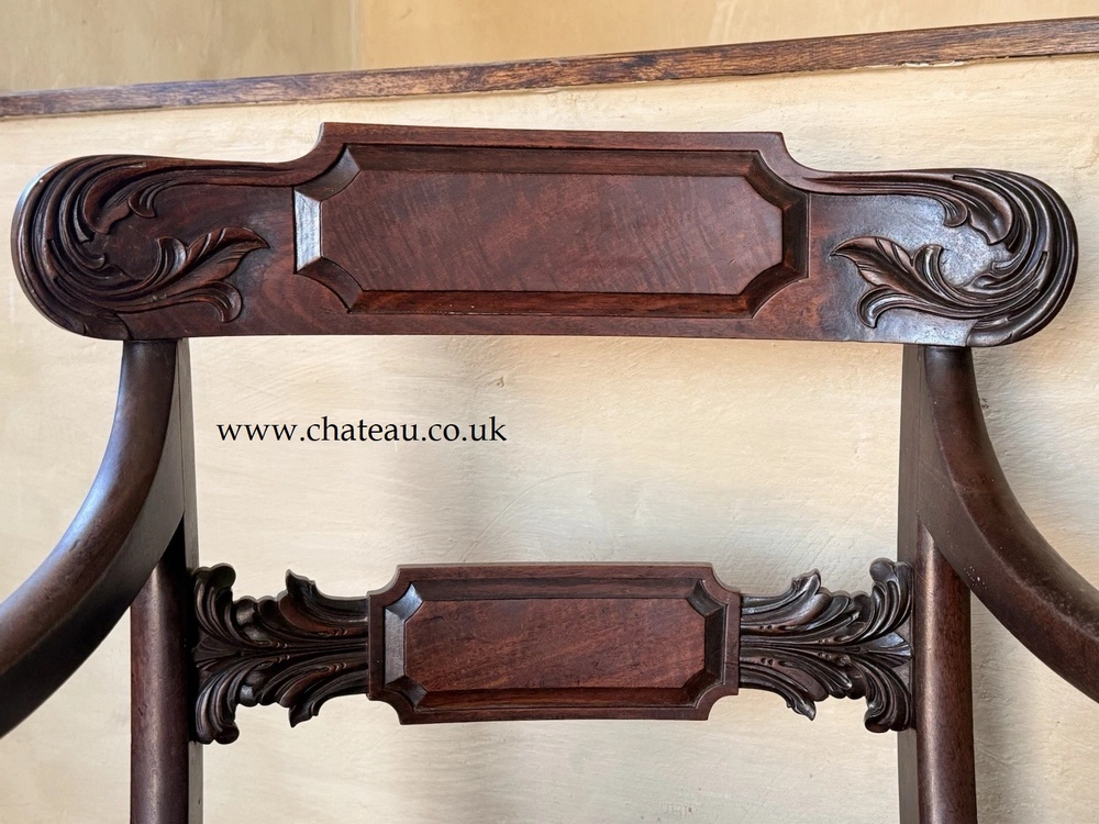 SOLD - Pair Quality Antique Mahogany Brown Leather Regency Elbow Carver Chairs C1800