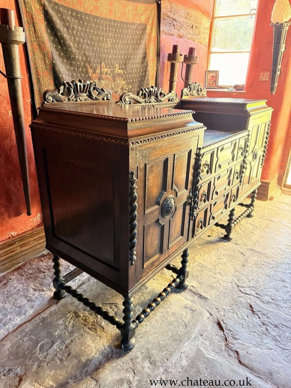 Substancial Antique Oak Heavy Carved Jacobean Gothic Sideboard Buffet Dresser