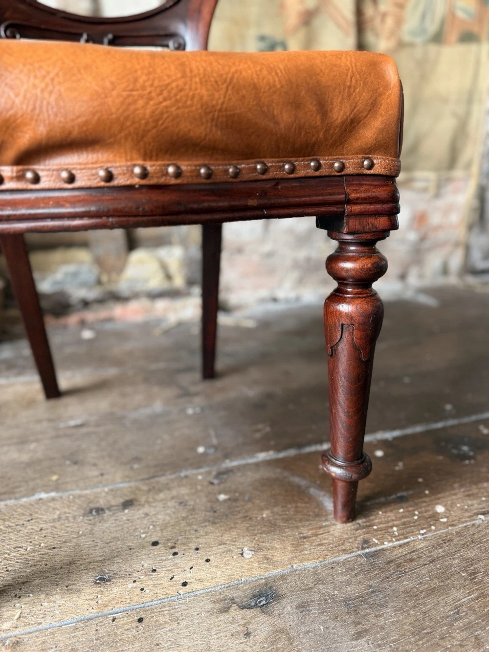 Set of 4 Antique Original English Leather Tan Balloon Back Dining Side Chairs