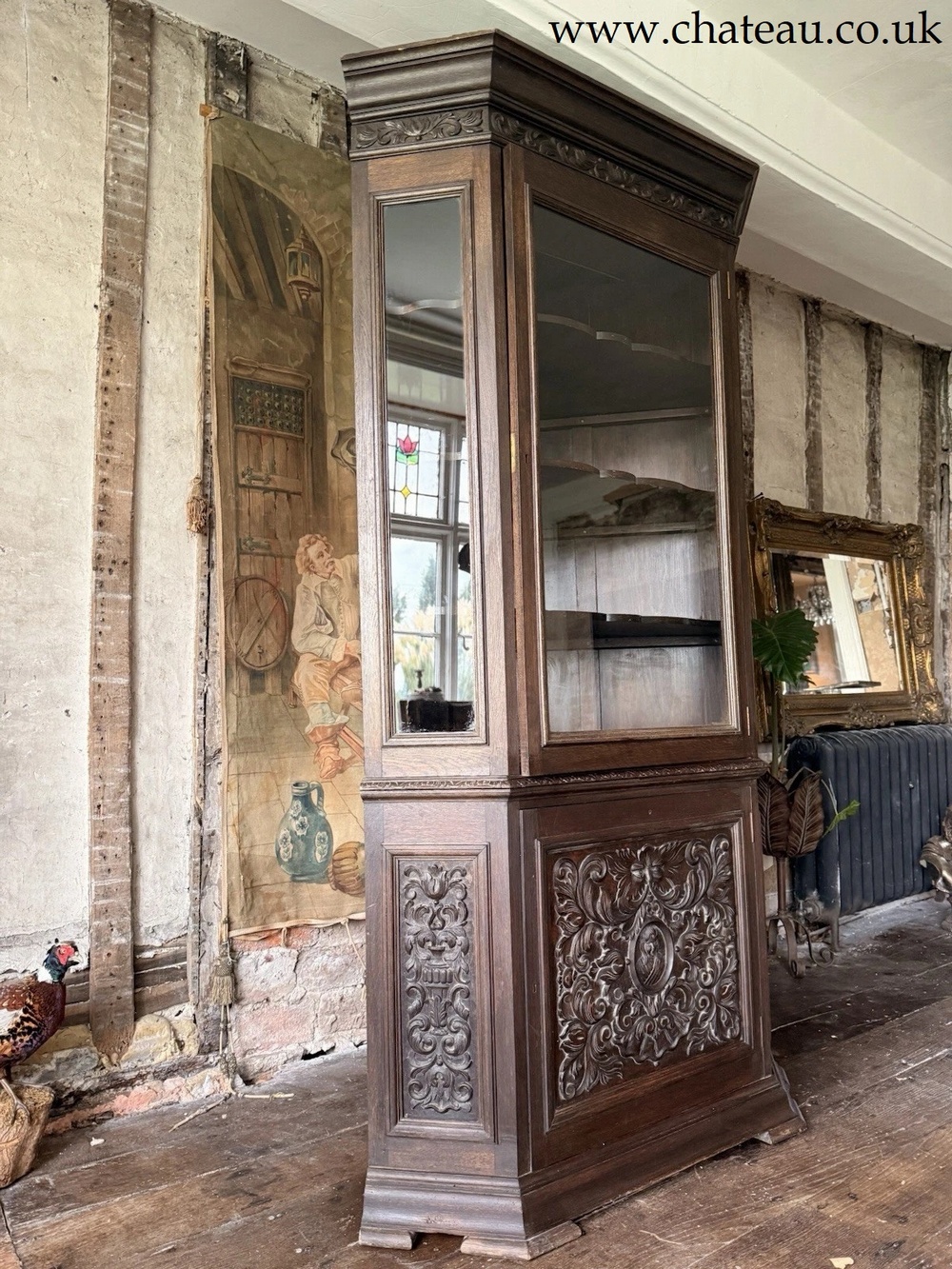 Antique Carved Oak Glass Freestanding Corner Display Cabinet Cupboard