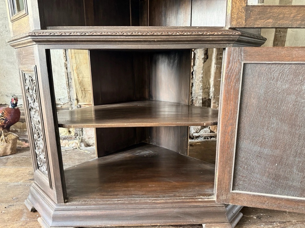Antique Carved Oak Glass Freestanding Corner Display Cabinet Cupboard