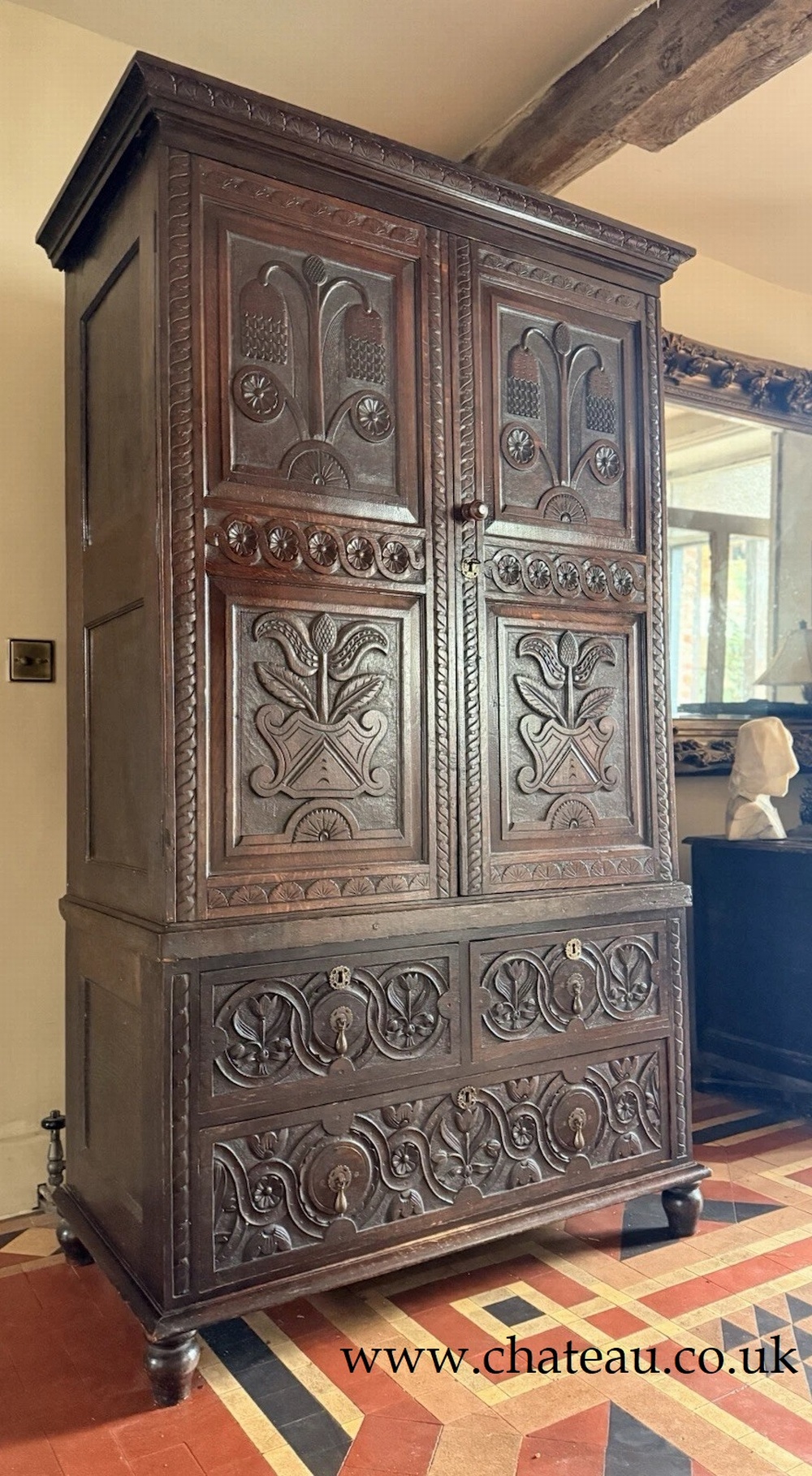SOLD - Original Carved Antique English Oak Livery Cupboard Hall Wardrobe Circa 1870