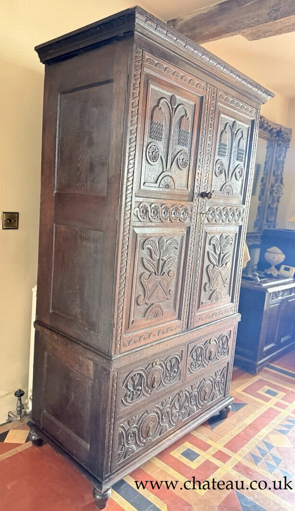 SOLD - Original Carved Antique English Oak Livery Cupboard Hall Wardrobe Circa 1870