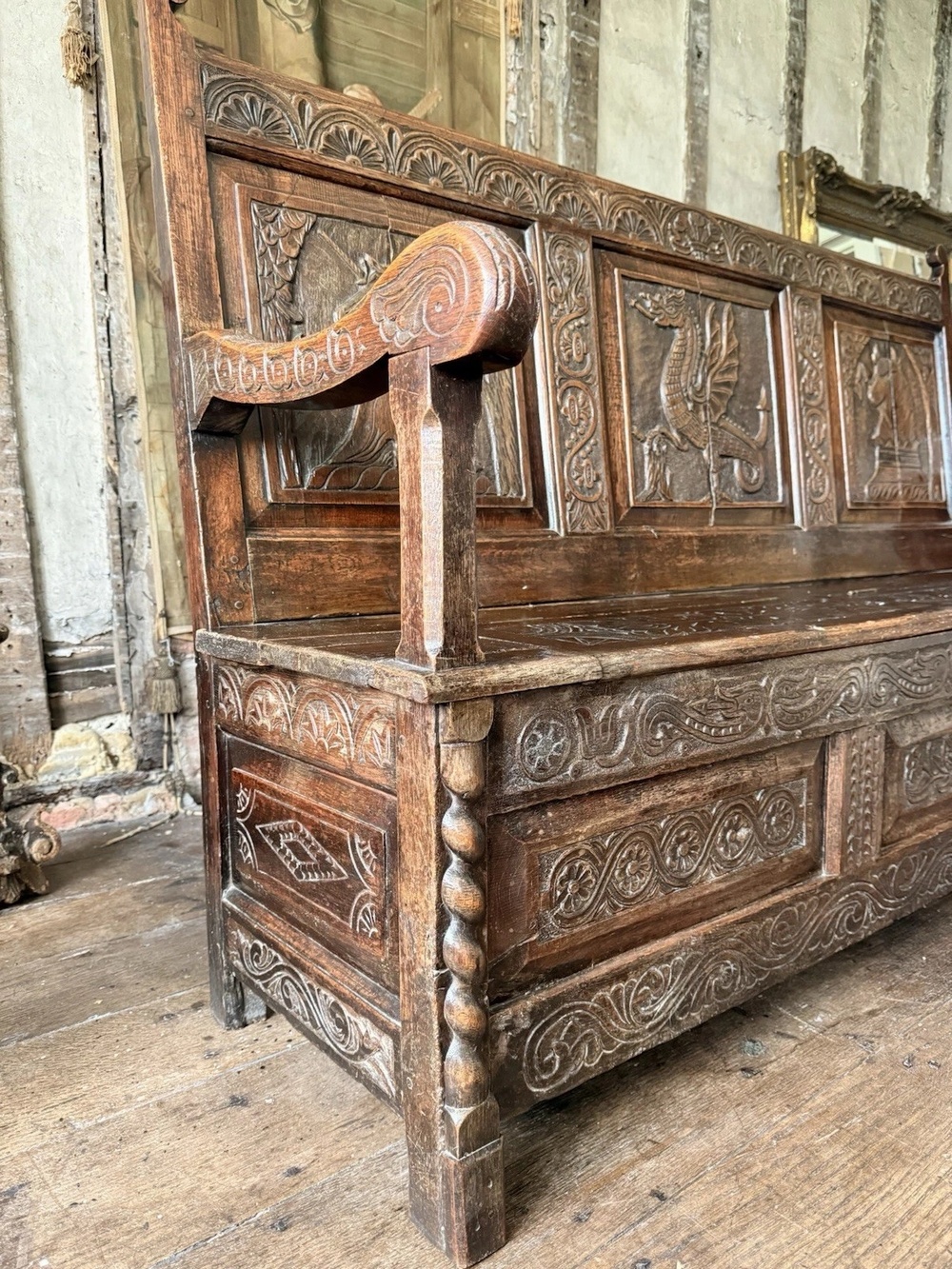 SOLD - Antique Oak Welsh Carved Settle Gothic Tudor Large Provincial Monks Bench 1870C