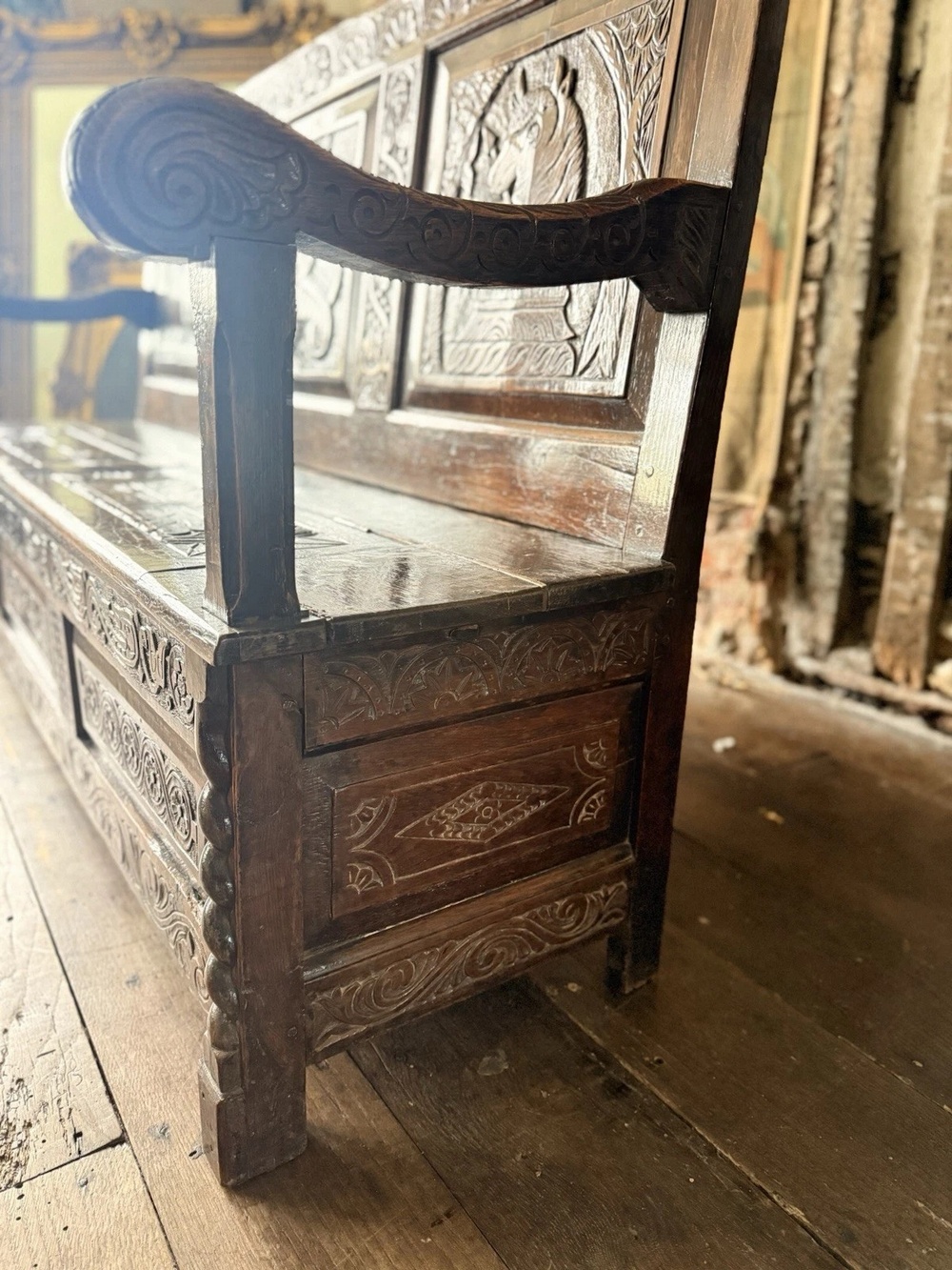 SOLD - Antique Oak Welsh Carved Settle Gothic Tudor Large Provincial Monks Bench 1870C