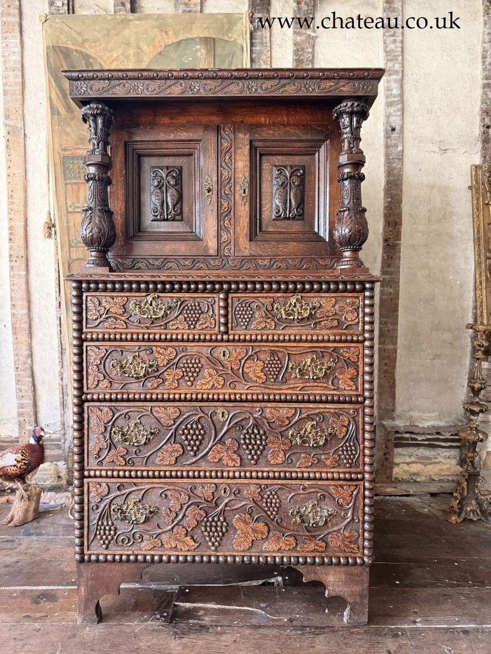 Antique Oak Victorian Jacobean Revival Dresser Hand Carved Chest On Stand 1870 C