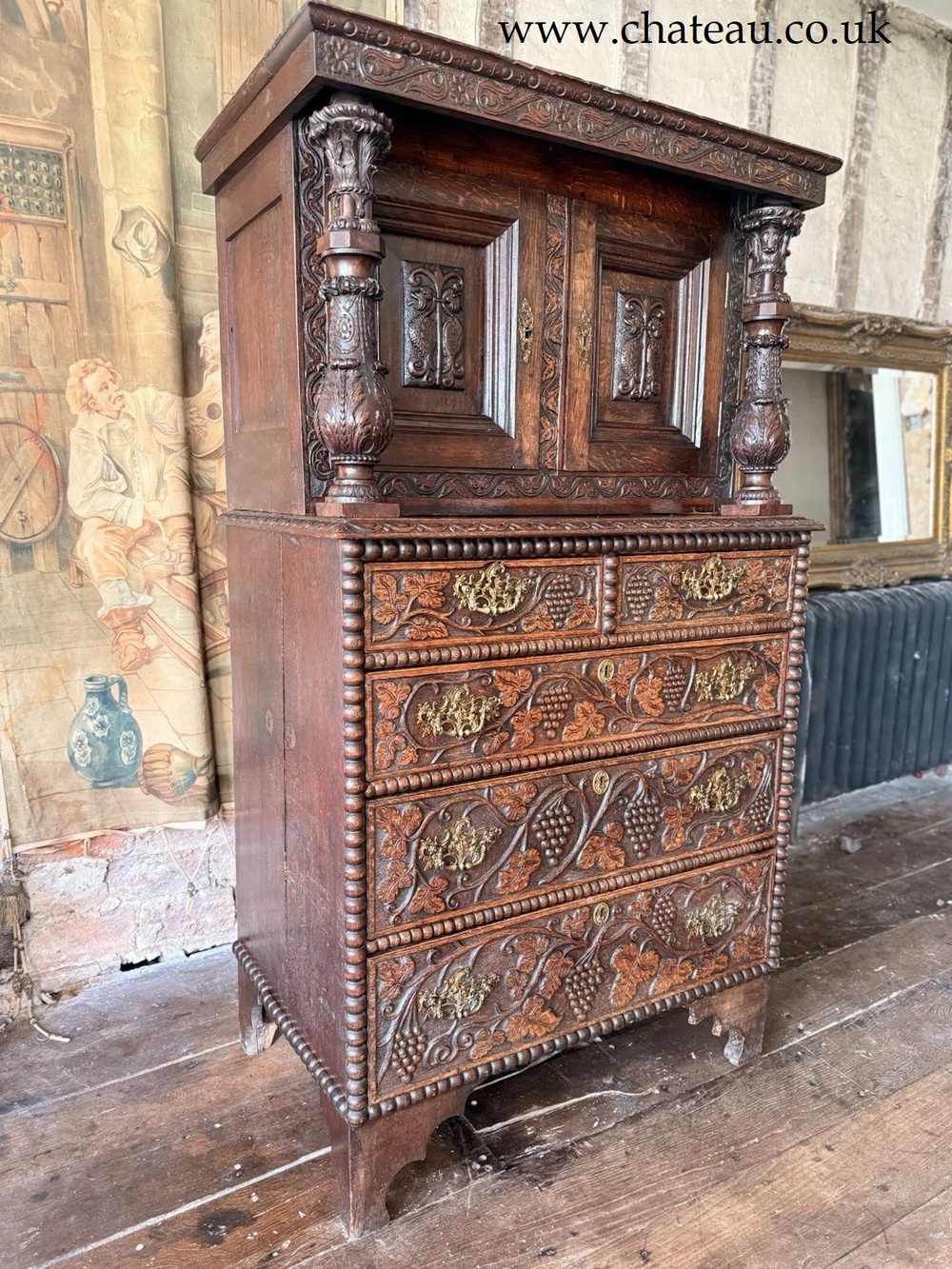 Antique Oak Victorian Jacobean Revival Dresser Hand Carved Chest On Stand 1870 C